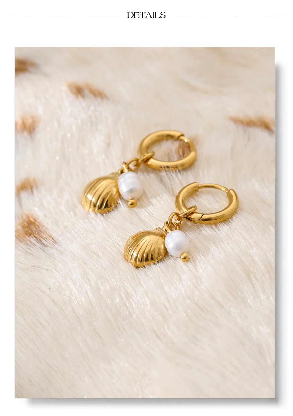 Freshwater pearl shell geometric earrings in gold-plated stainless steel with freshwater pearl and shell.