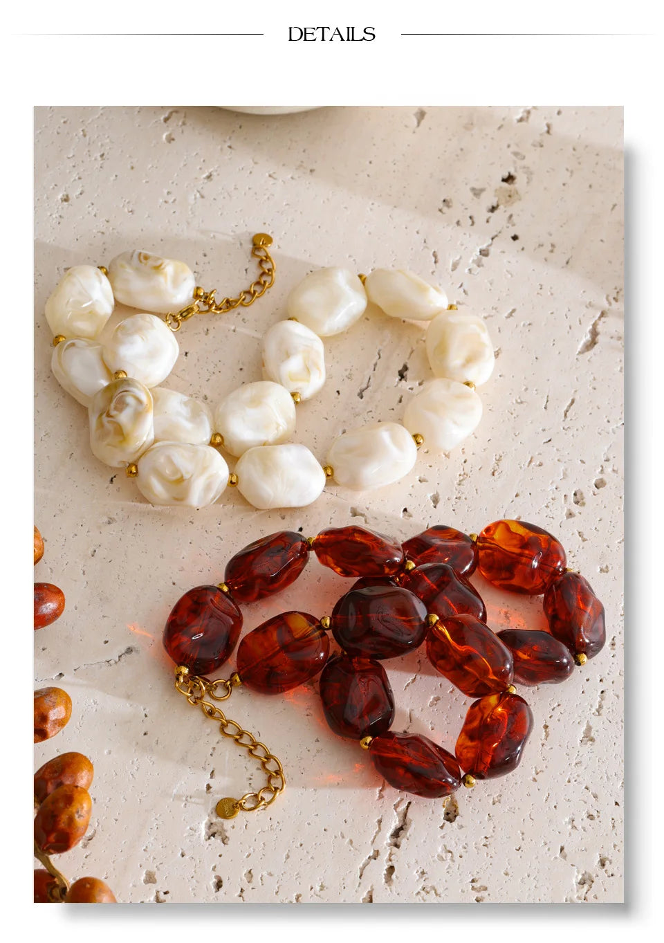 Amber resin acrylic necklace in gold-plated stainless steel with resin and acrylic.