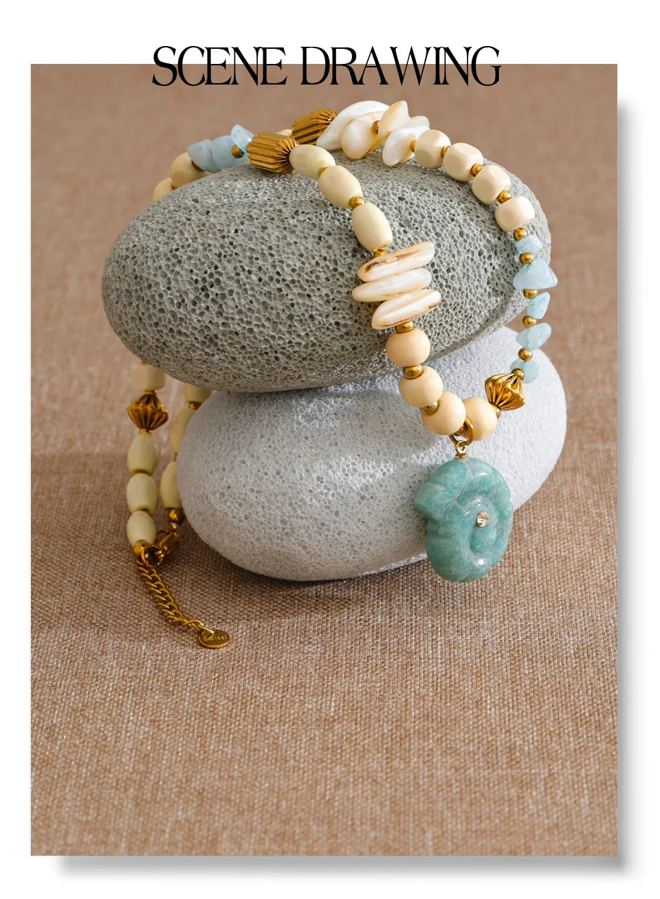Shell natural stone beaded necklace in gold-plated stainless steel with natural stone and shell.