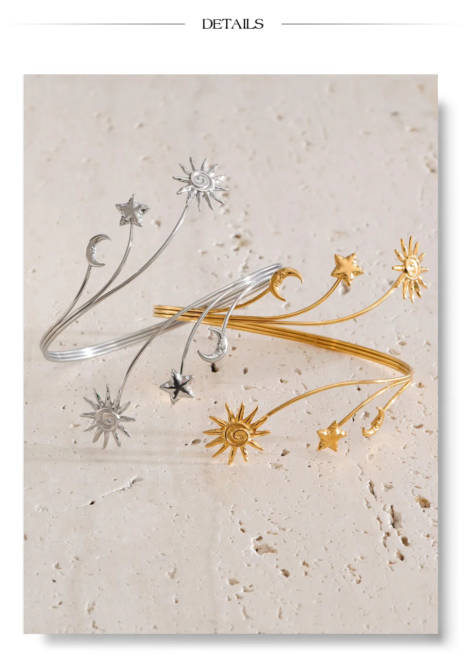 Star moon sun bracelet in gold-plated stainless steel.