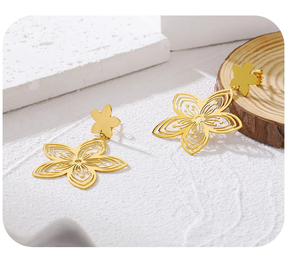 Drop Earrings Vintage Flower Hollow Dangle — 316L Stainless Steel · PS386