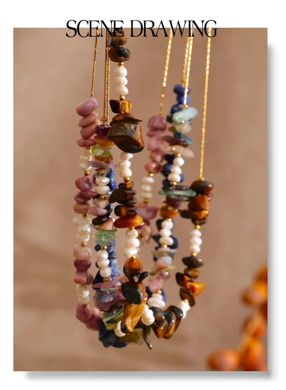 Pearl natural stone multi-color necklace in gold-plated stainless steel with pearl and natural stone.