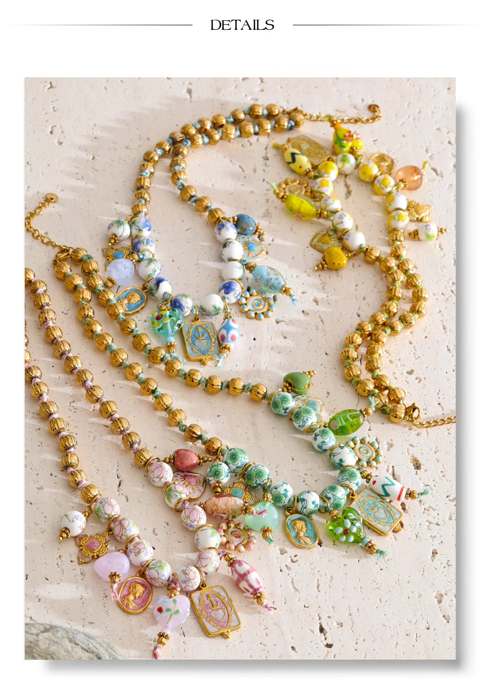 Heart beaded vintage necklace in gold-plated stainless steel.