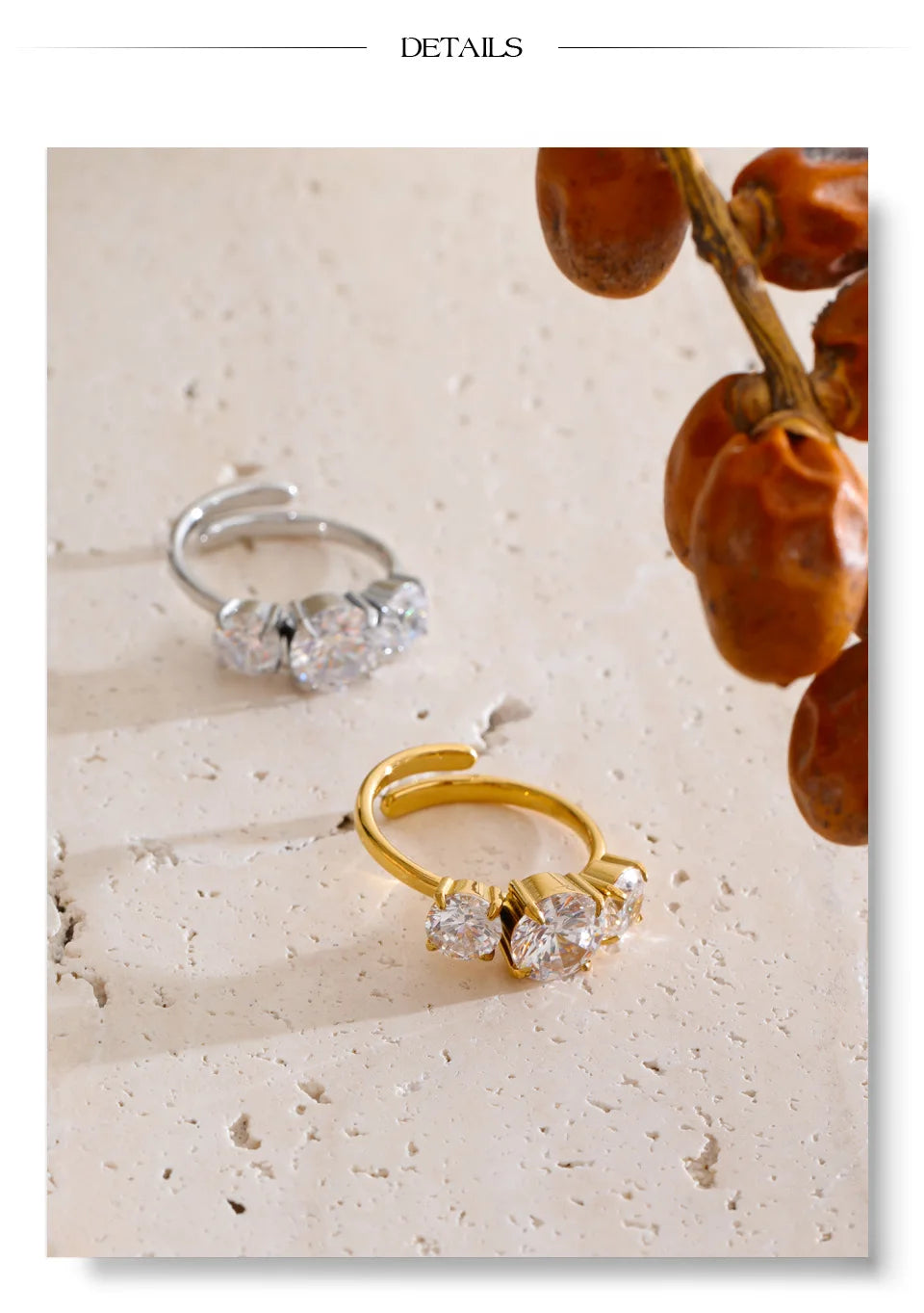 Cubic zirconia minimalist geometric ring in 18K gold-plated stainless steel with cubic zirconia.