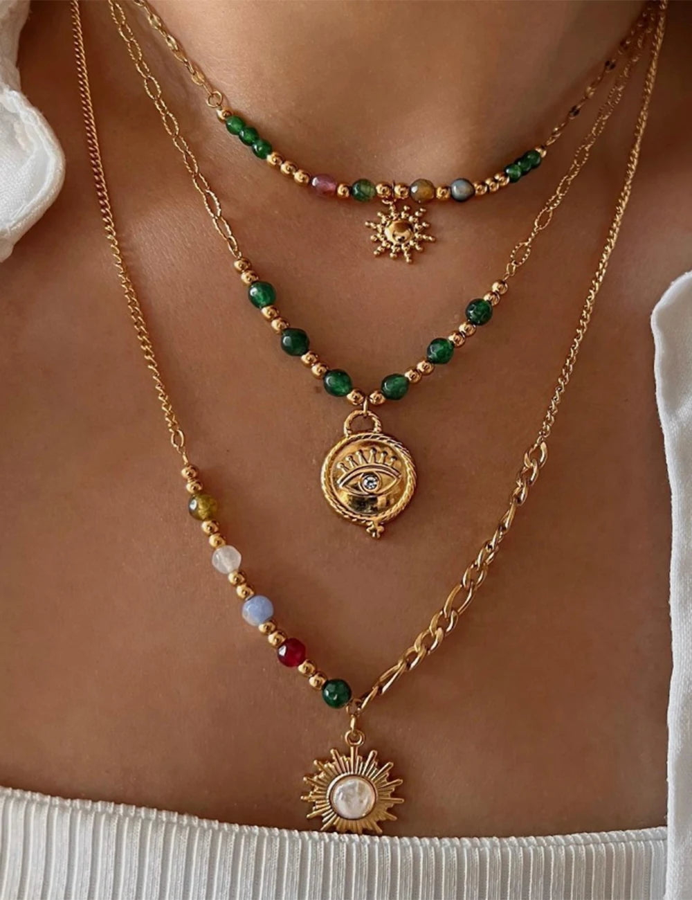 Aventurine Sun Pendant Necklace — Stainless Steel · PS279