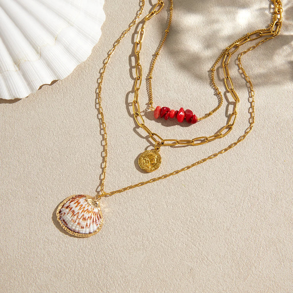 Shell Coin Layered Necklace — Stainless Steel · PS181
