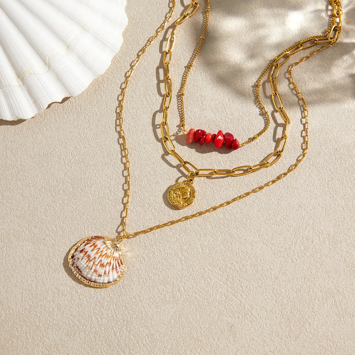 Shell Coin Layered Necklace — Stainless Steel · PS181