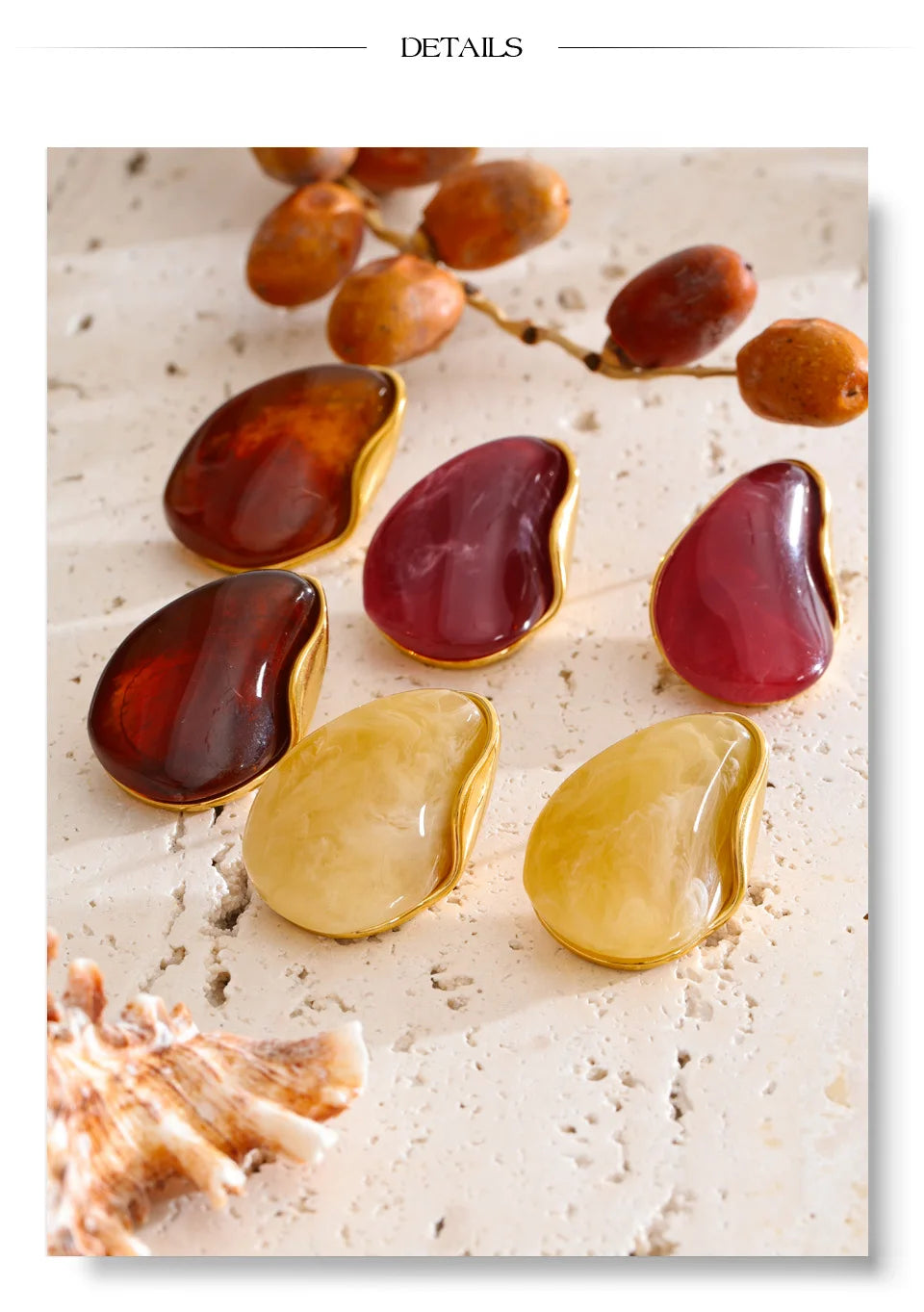 Red resin acrylic earrings in gold-plated stainless steel with resin and acrylic.