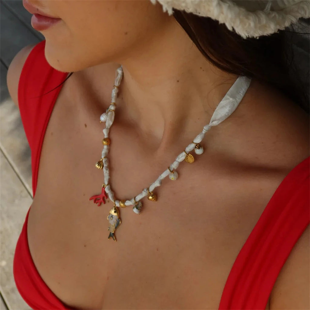 Beach Vacation Dopamine Necklace Coral Pearl Little Fish DIY Necklace Women Gold Plated Color Preserved