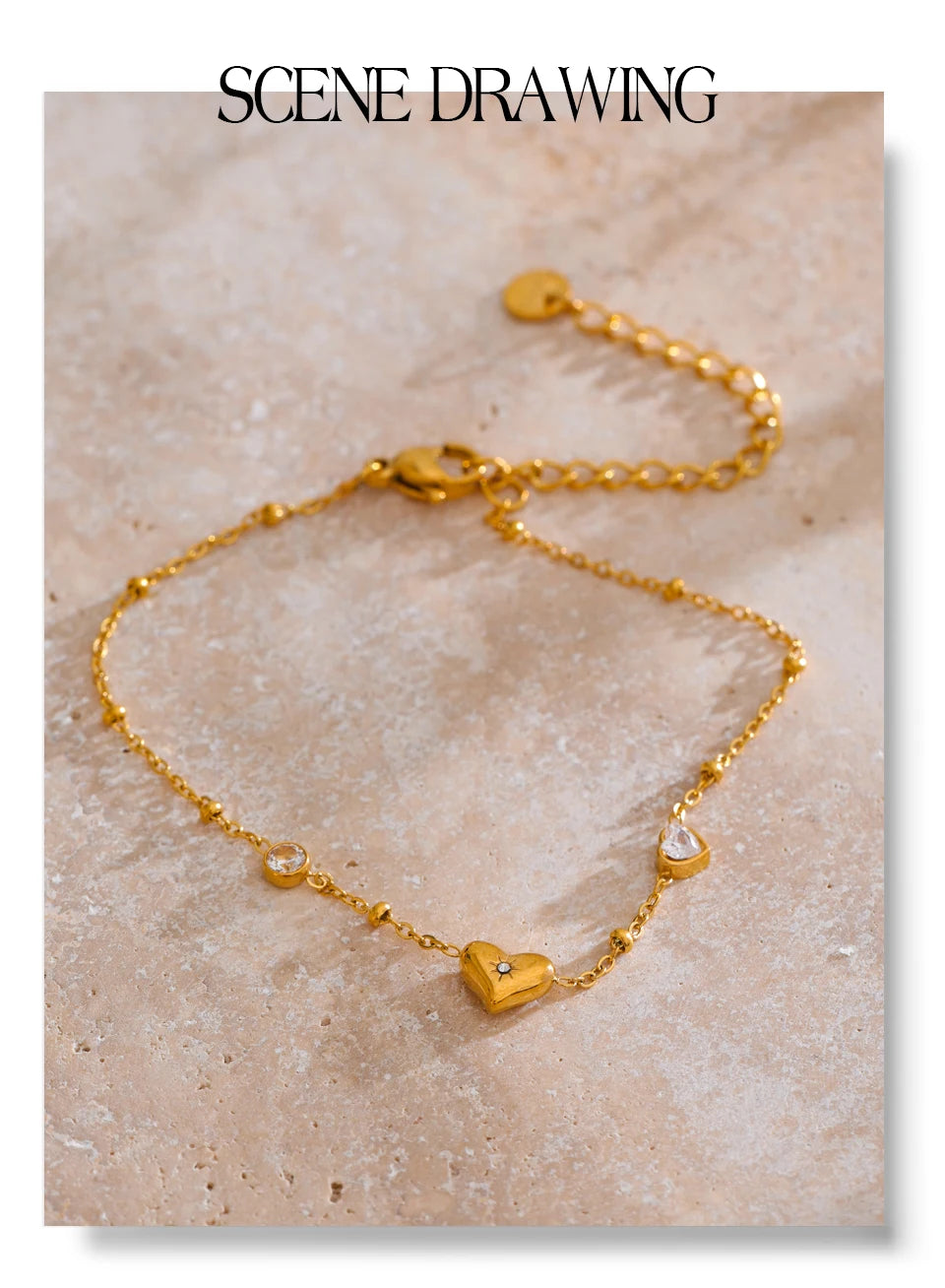 Cubic zirconia heart chain necklace in gold-plated stainless steel with cubic zirconia.
