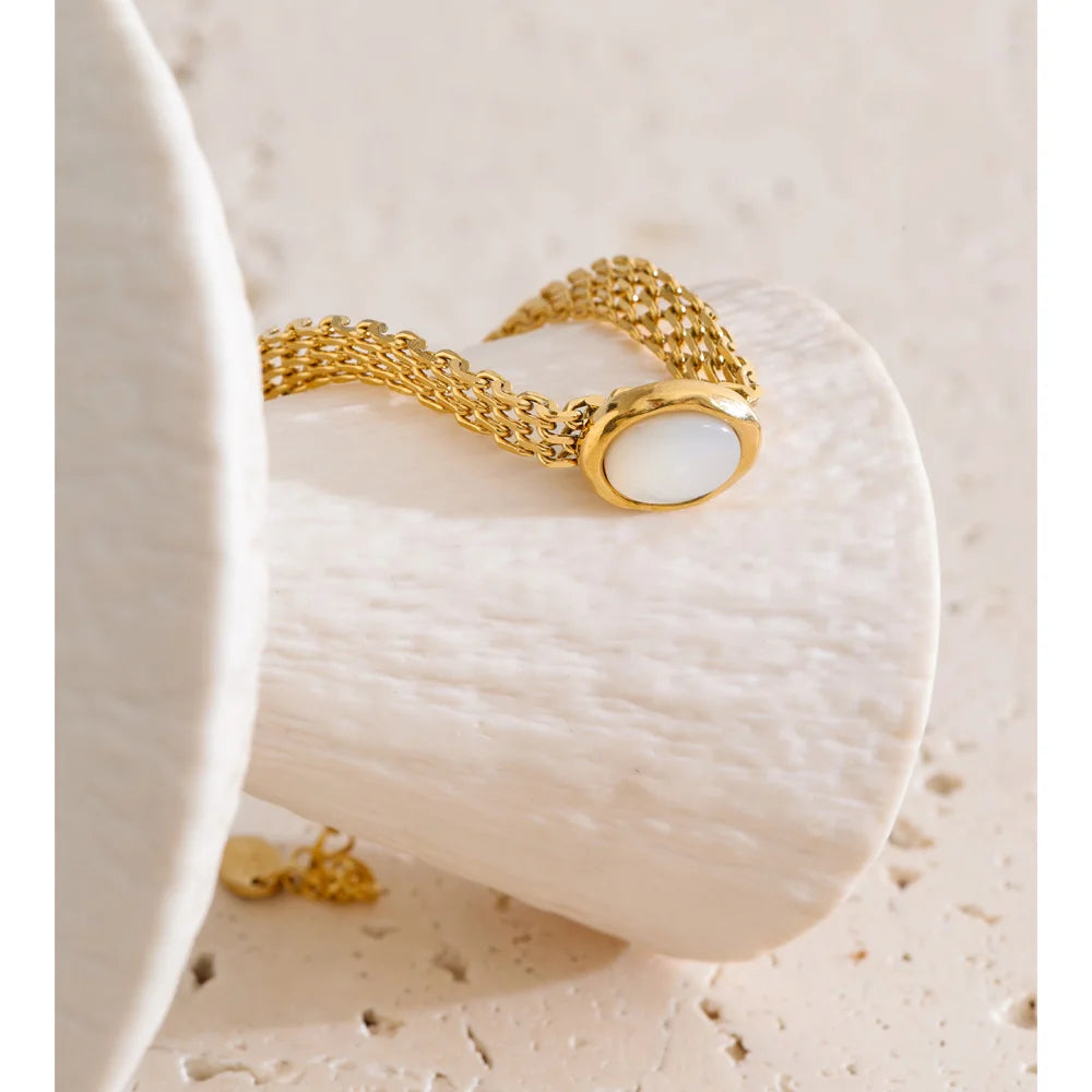 Shell Natural Stone Geometric Bracelet — Gold-Plated Stainless Steel with Natural Stone and Shell · PS1259