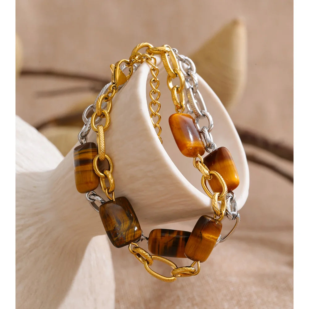 Natural Stone Geometric Chain Bracelet — Gold-Plated Stainless Steel with Natural Stone · PS984