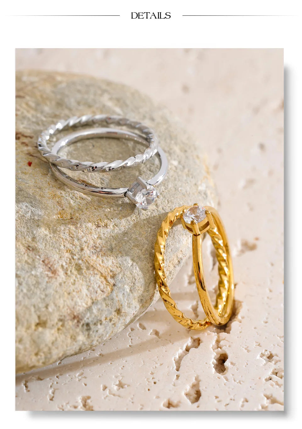 Cubic zirconia geometric ring in gold-plated stainless steel with cubic zirconia.