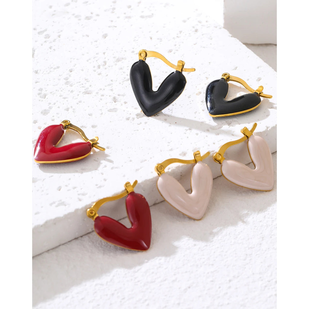 Hoop Earrings Heart Pink Black Red Enamel Vintage — 316L Stainless Steel · PS393
