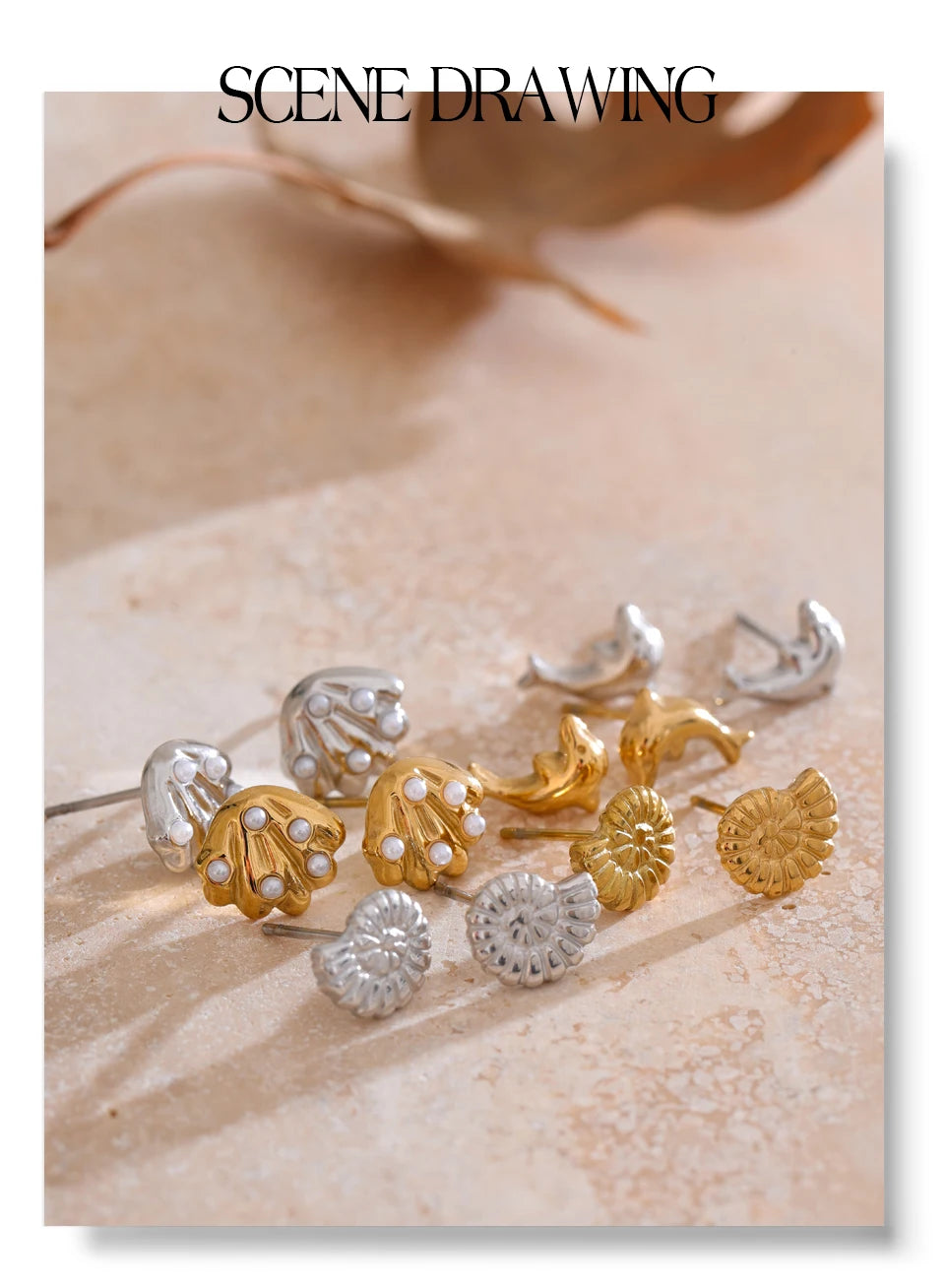 Pearl shell geometric earrings in gold-plated stainless steel with pearl and shell.