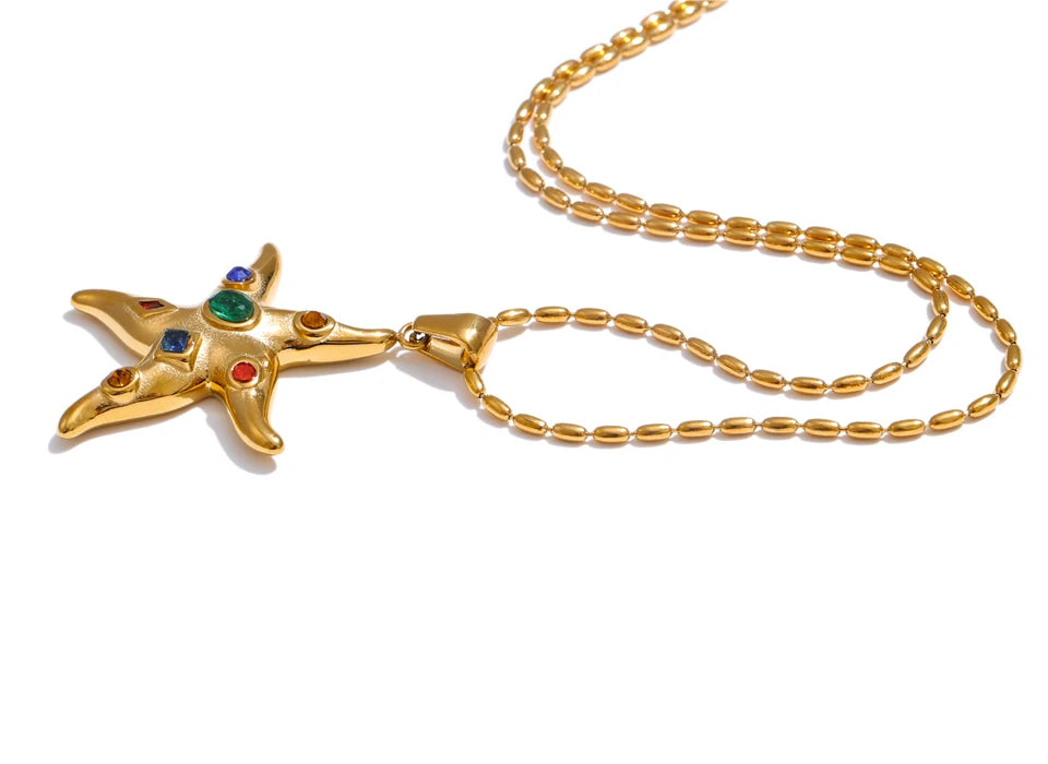 Cubic Zirconia Star Multi-Color Necklace — Gold-Plated Stainless Steel with Cubic Zirconia · PS2308