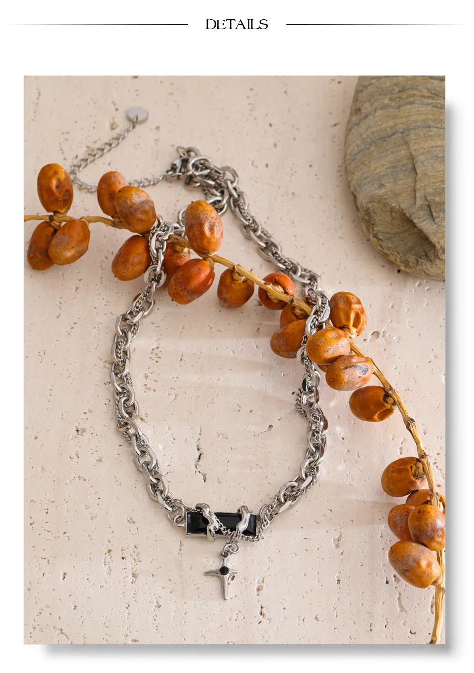 Crystal natural stone cross necklace in gold-plated stainless steel with natural stone and crystal.