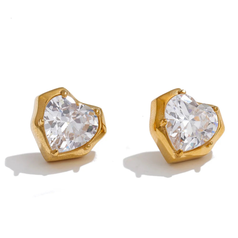 Cubic Zirconia Heart Earrings — Gold-Plated Stainless Steel with Cubic Zirconia · PS1479