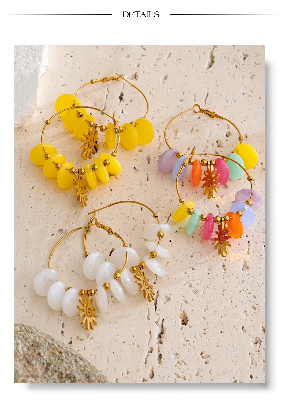 Resin sun geometric earrings in gold-plated stainless steel with resin.