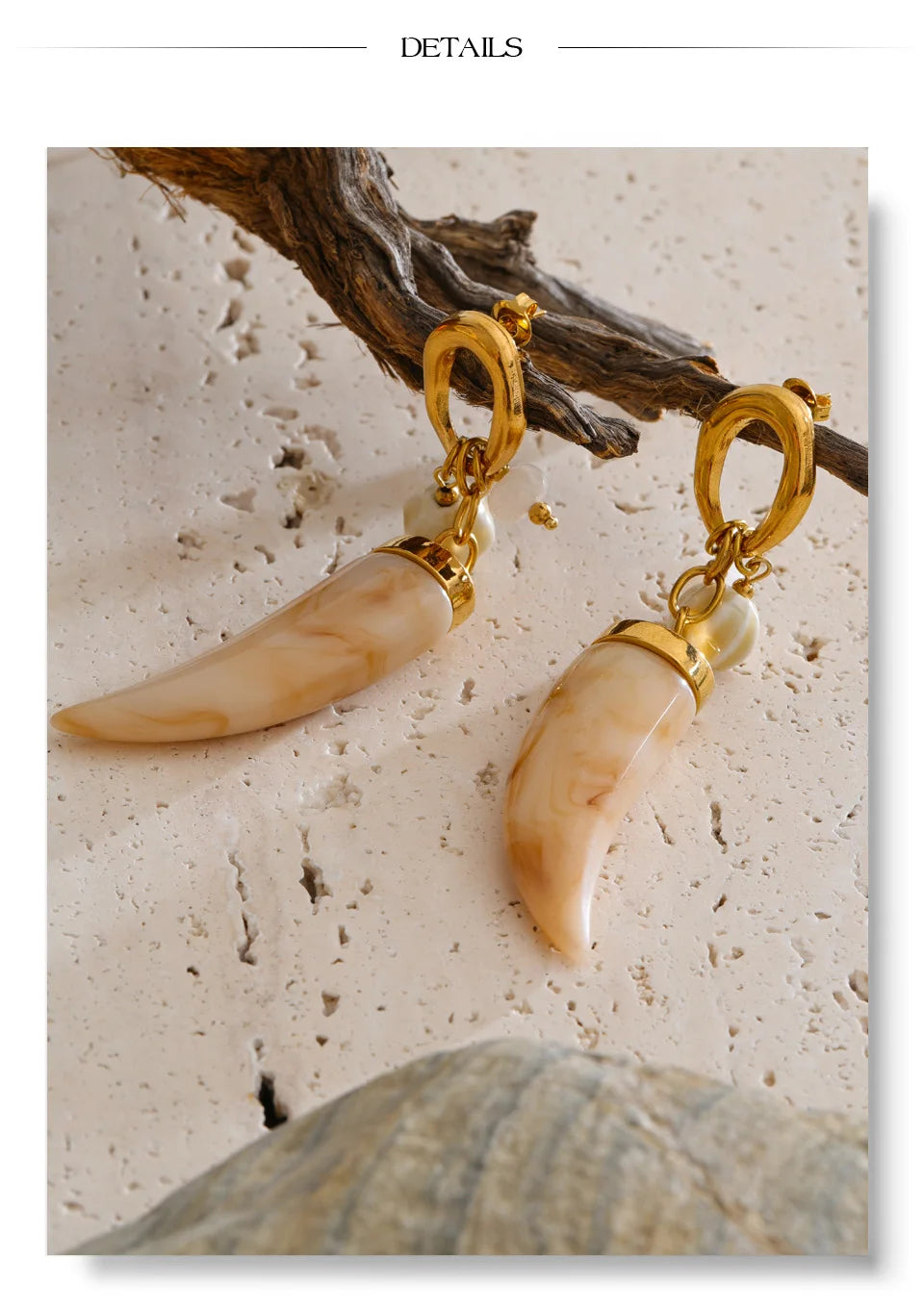 Resin acrylic geometric earrings in gold-plated stainless steel with resin and acrylic.
