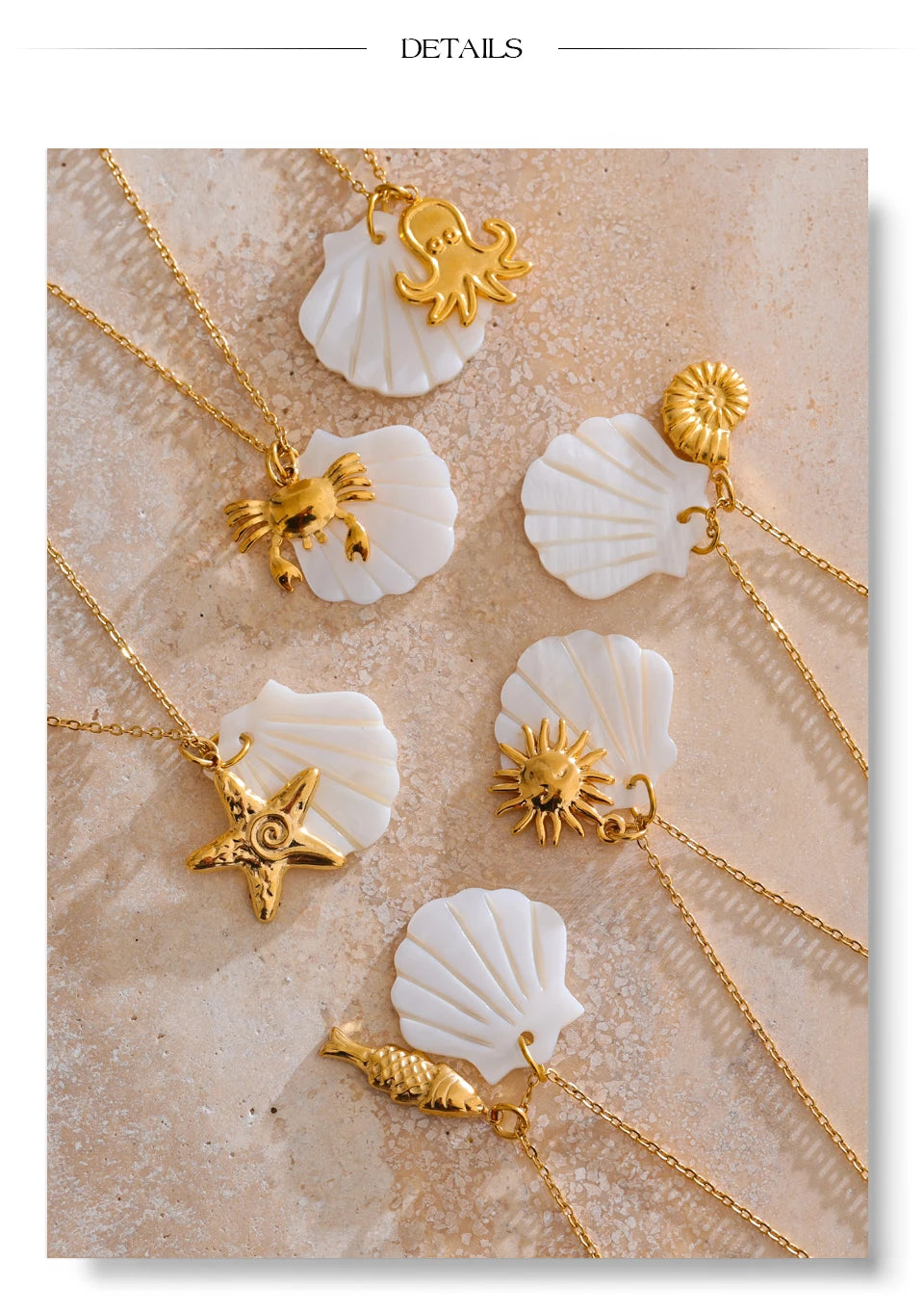 Shell star geometric necklace in gold-plated stainless steel with shell.
