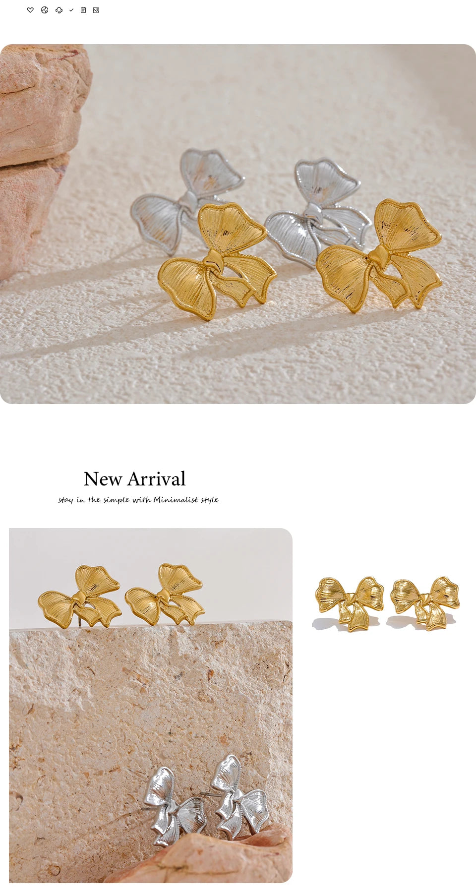 Bow earrings in gold-plated stainless steel.