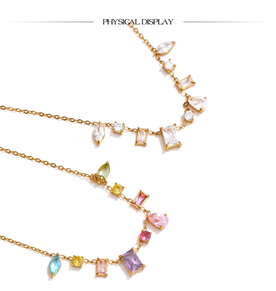 White cubic zirconia multi-color necklace in gold-plated stainless steel with cubic zirconia.