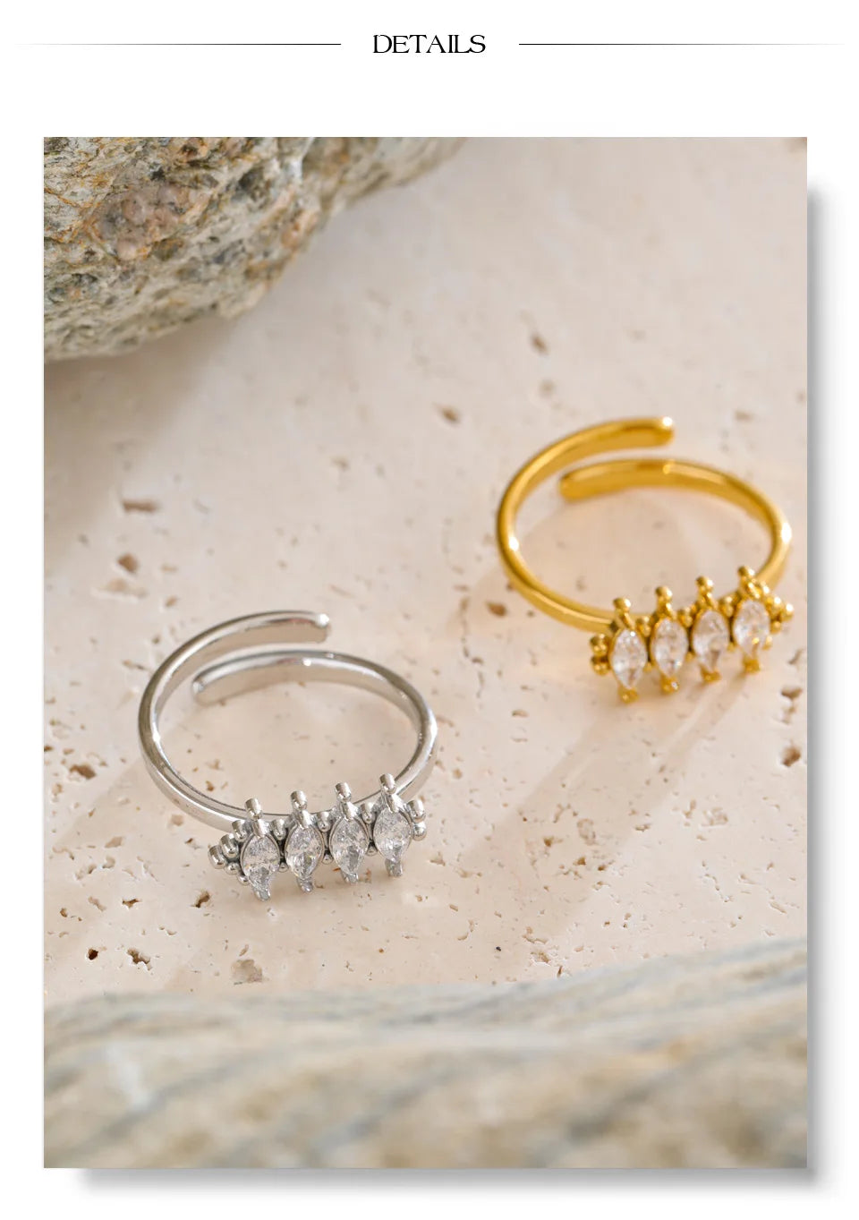 Cubic zirconia geometric ring in 18K gold-plated stainless steel with cubic zirconia.
