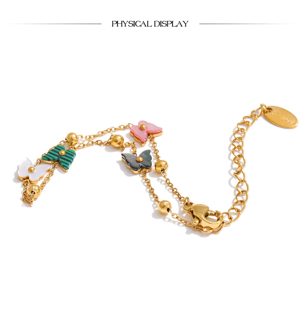Shell Natural Stone Butterfly Bracelet — Gold-Plated Stainless Steel with Natural Stone and Shell · PS1015