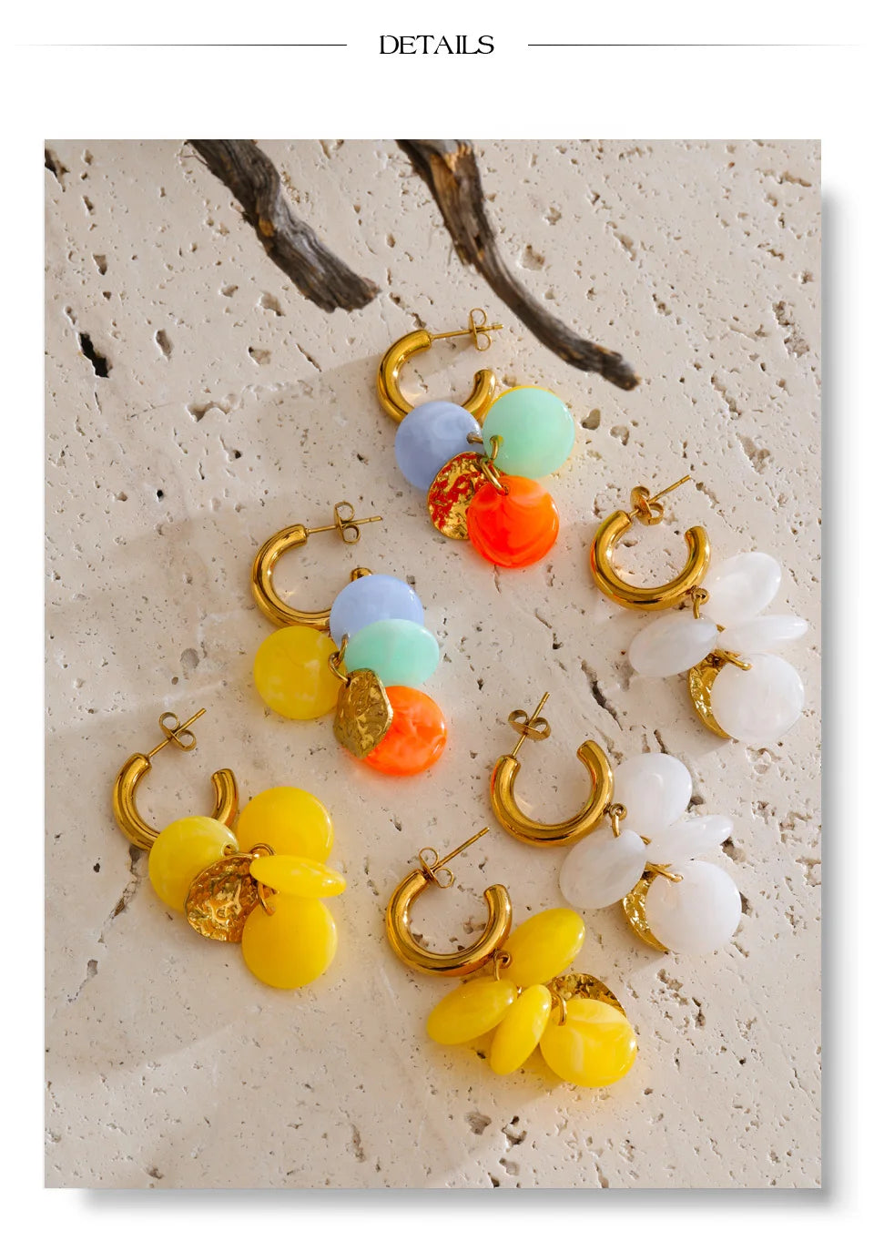 Resin acrylic multi-color earrings in gold-plated stainless steel with resin and acrylic.