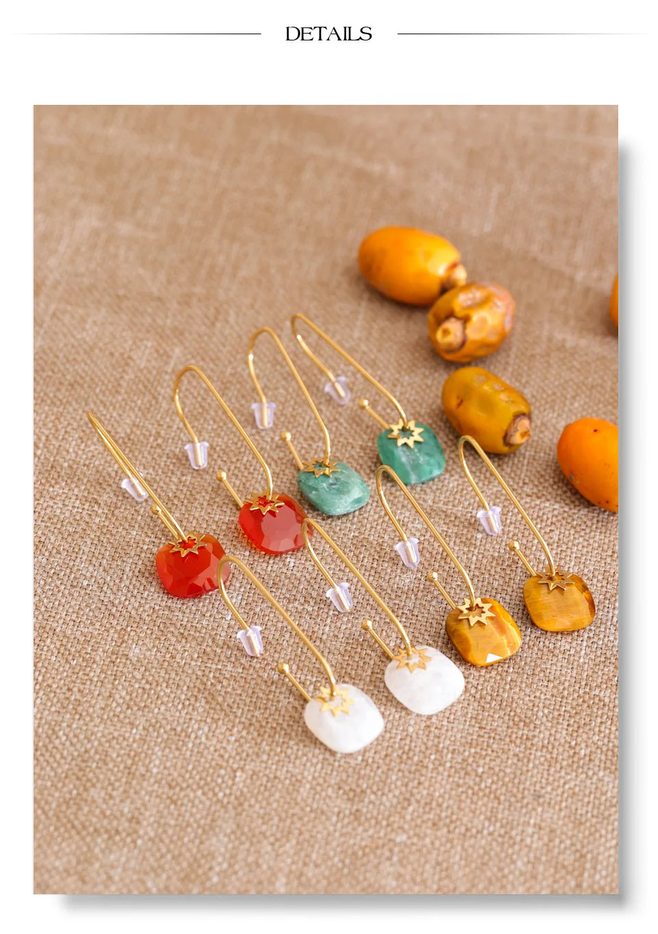 Natural stone geometric earrings in gold-plated stainless steel with natural stone.
