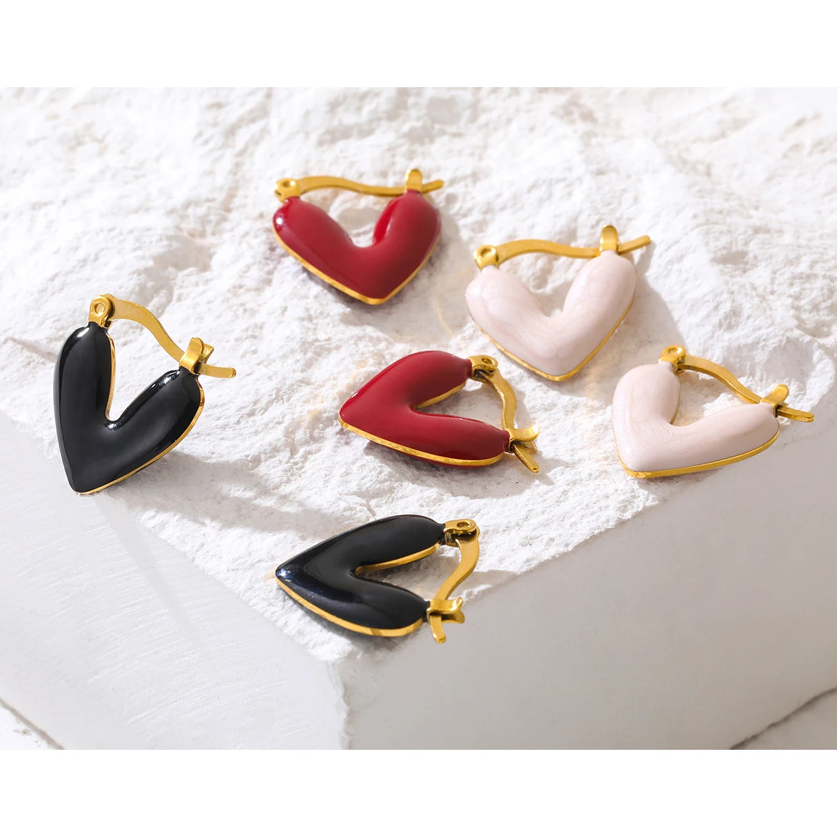 Hoop Earrings Heart Pink Black Red Enamel Vintage — 316L Stainless Steel · PS393