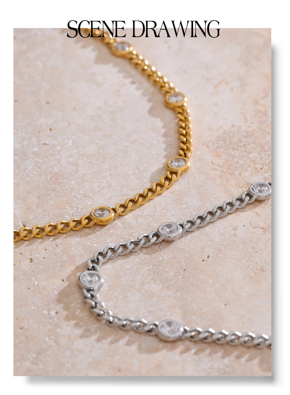 Cubic zirconia geometric chain necklace in gold-plated stainless steel with cubic zirconia.