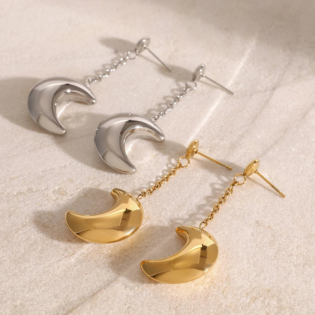 Crescent Moon Chain Earrings — Stainless Steel · PS075