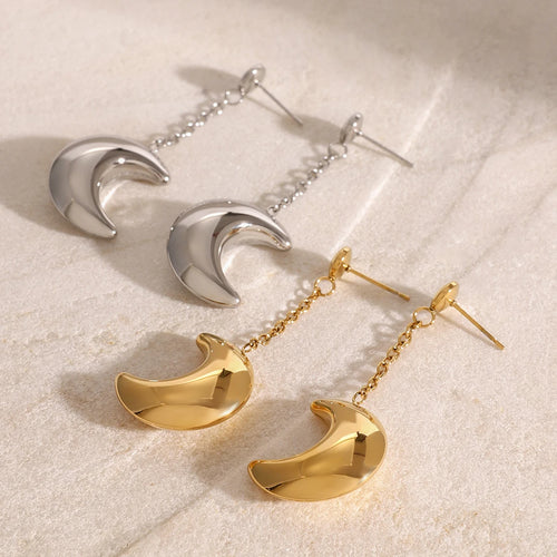 Crescent Moon Chain Earrings — Stainless Steel