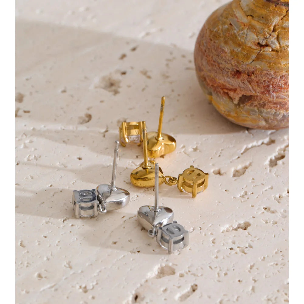 Cubic Zirconia Heart Earrings — Gold-Plated Stainless Steel with Cubic Zirconia · PS1244