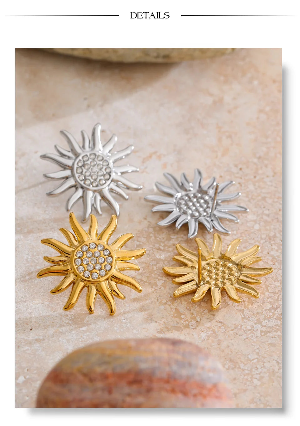 Cubic Zirconia Sun Geometric Earrings — Gold-Plated Stainless Steel with Cubic Zirconia · PS928