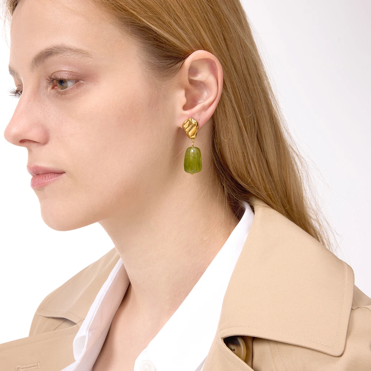 Green Stone Drop Earrings — Stainless Steel · PS097