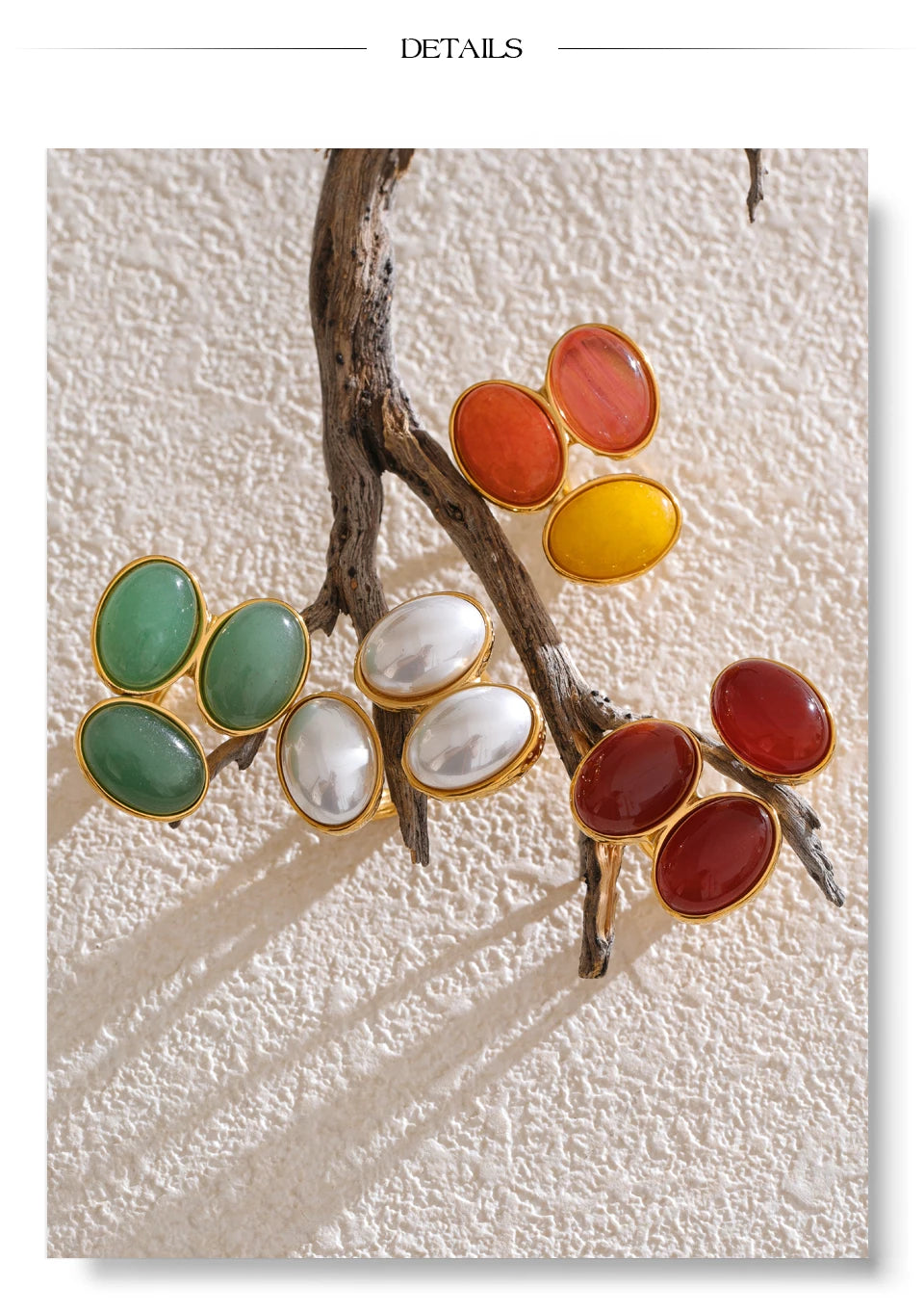 Pearl shell natural stone ring in 18K gold-plated stainless steel with pearl and natural stone.