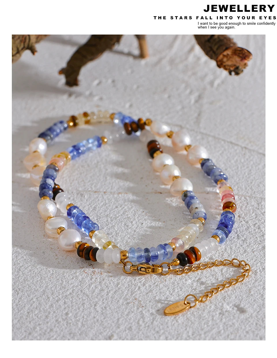 Freshwater pearl natural stone beaded necklace in gold-plated stainless steel with freshwater pearl and natural stone.
