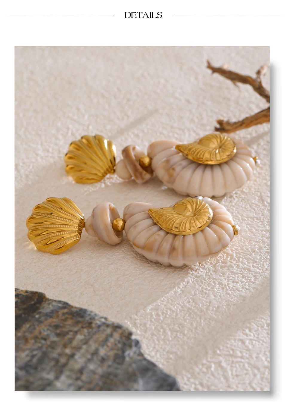 Shell resin geometric earrings in gold-plated stainless steel with shell and resin.