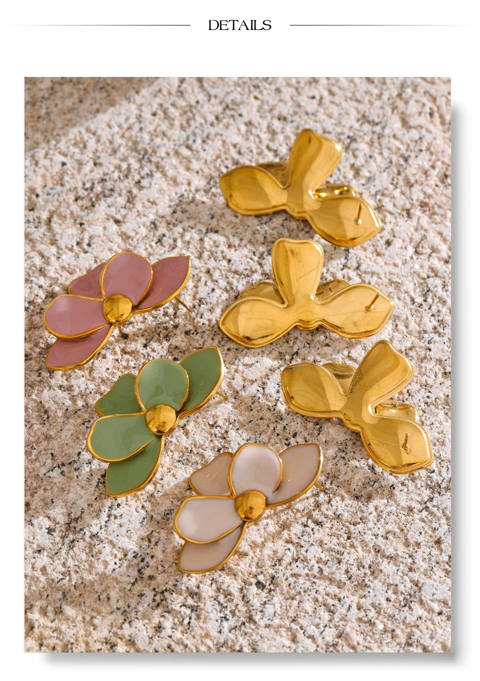 Green enamel flower earrings in gold-plated stainless steel with enamel.