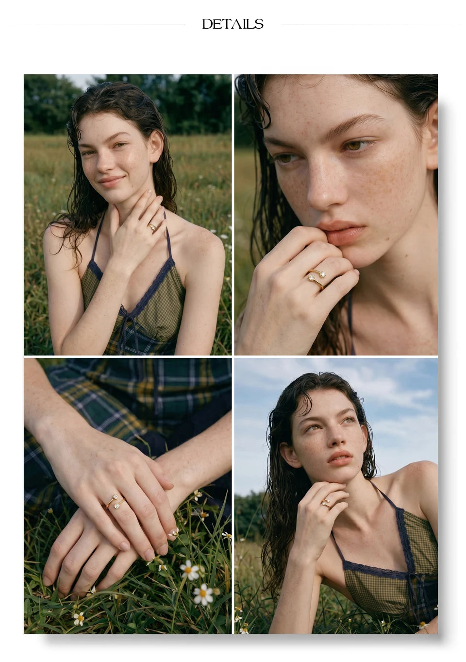 Cubic zirconia geometric ring in 18K gold-plated stainless steel with cubic zirconia.