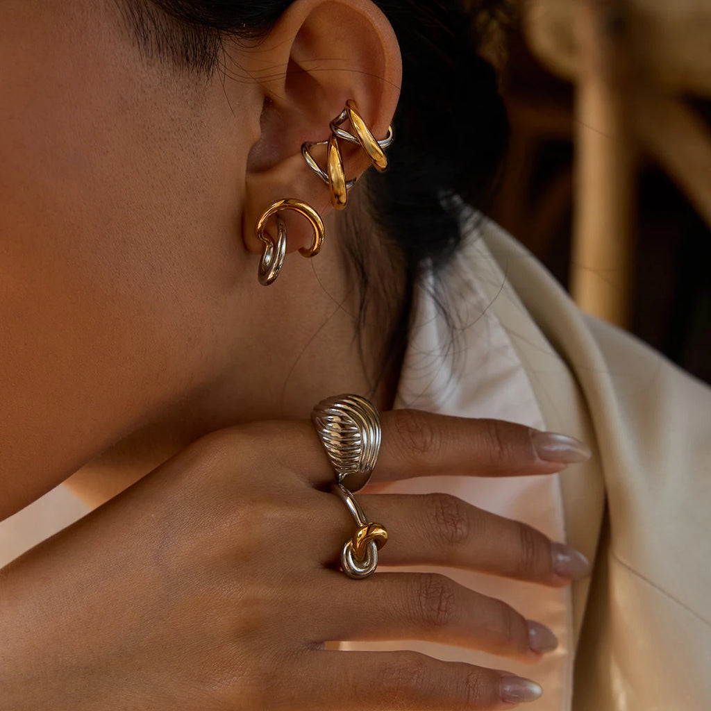 Two-Tone Cross Hoop Earrings — Stainless Steel · PS054
