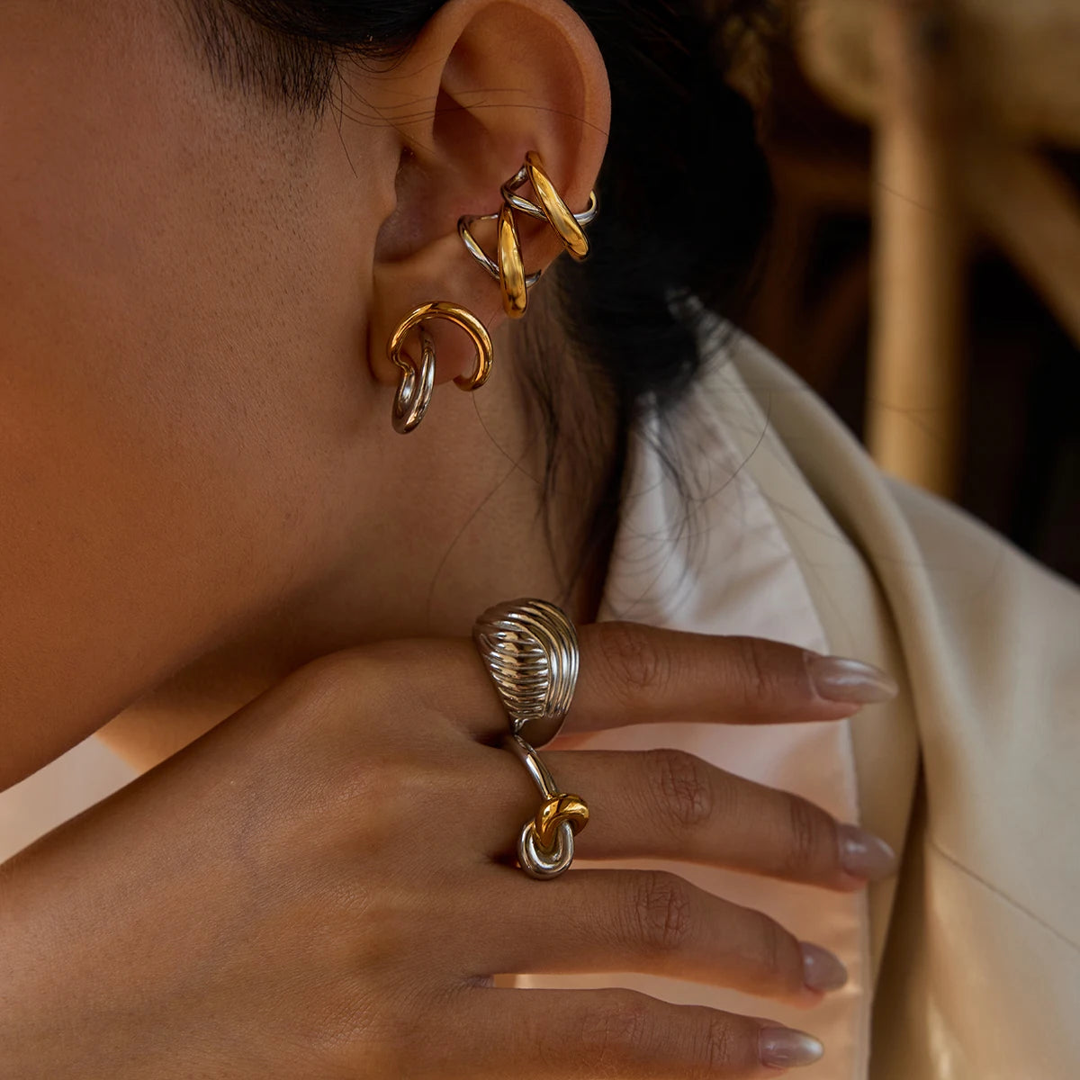 Two-Tone Cross Hoop Earrings — Stainless Steel · PS054