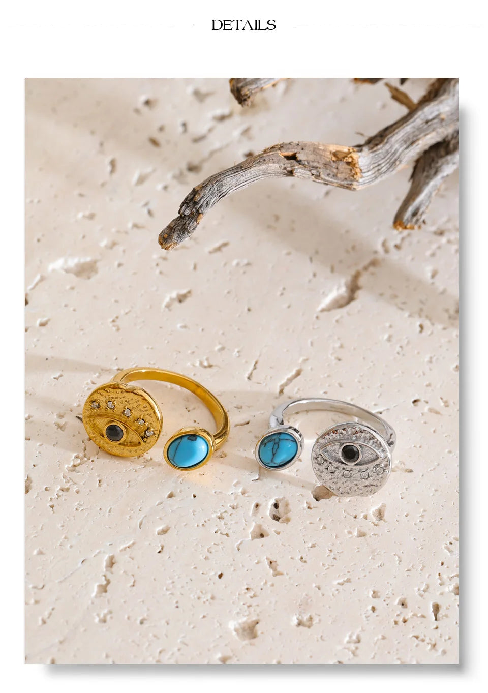 Cubic zirconia natural stone geometric ring in 18K gold-plated stainless steel with cubic zirconia and natural stone.