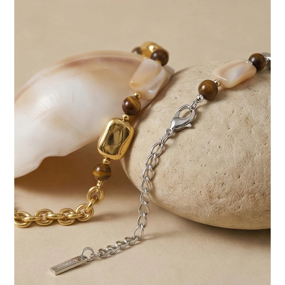 Shell Natural Stone Geometric Bracelet — Gold-Plated Stainless Steel with Natural Stone and Shell · PS1170