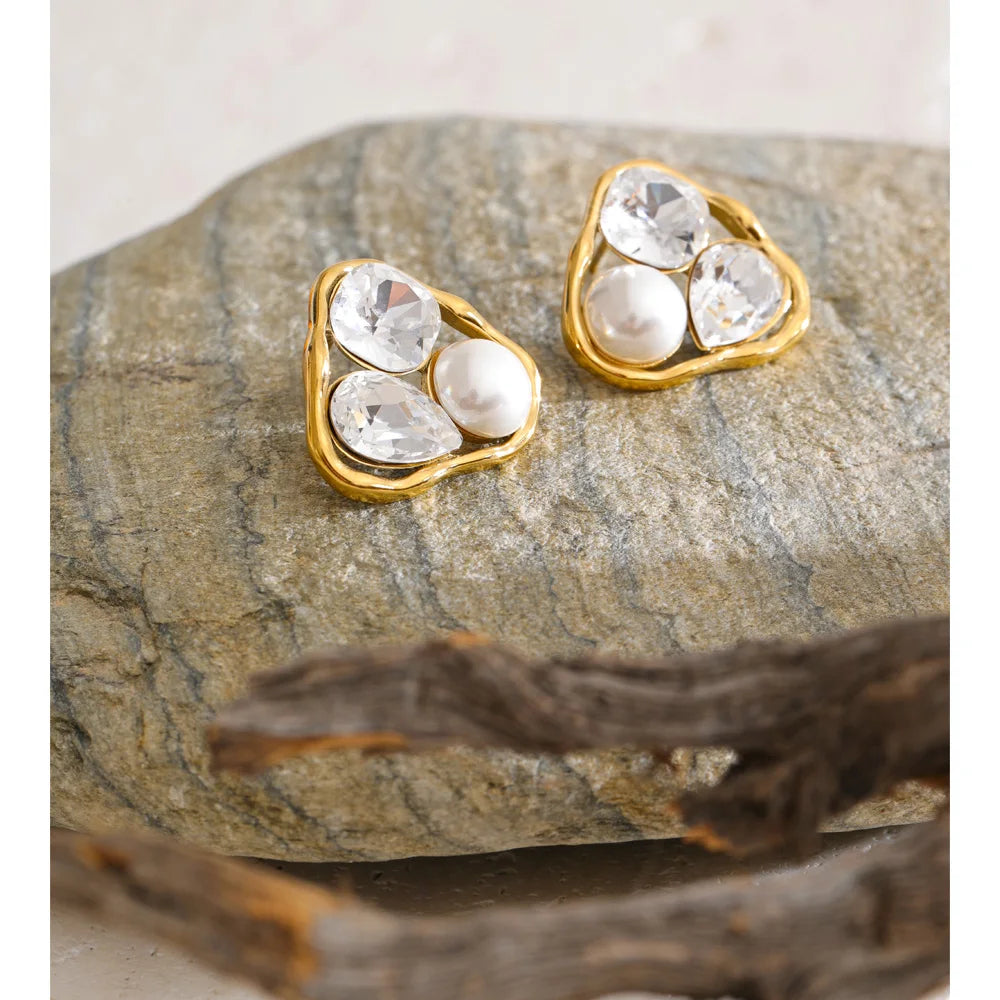 Cubic Zirconia Pearl Geometric Earrings — Gold-Plated Stainless Steel with Pearl and Cubic Zirconia · PS1441
