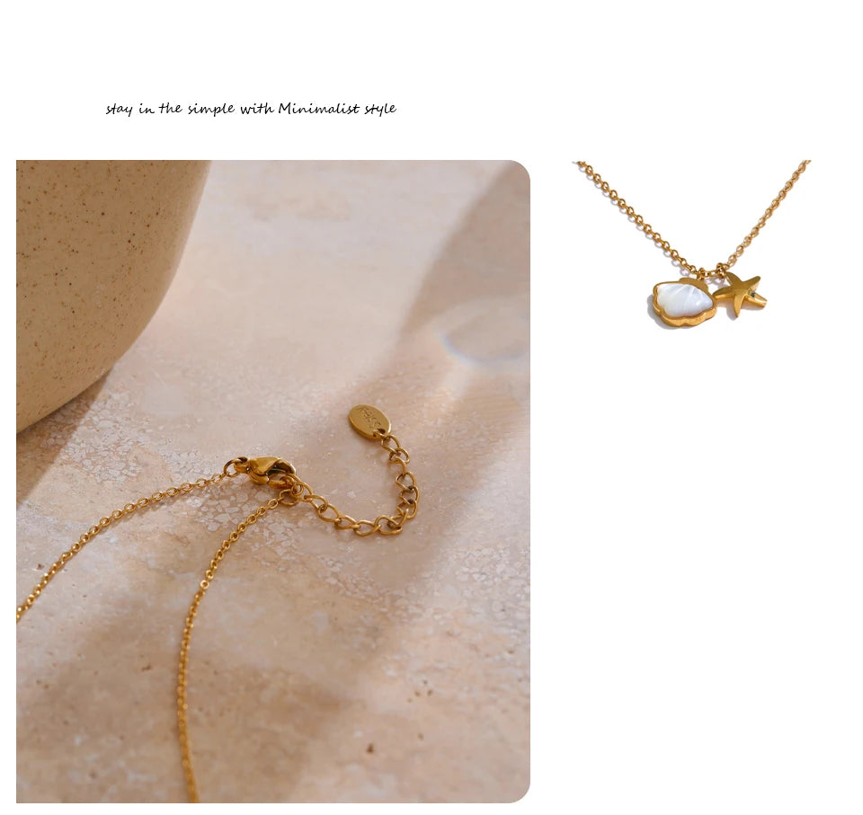 Shell star geometric necklace in gold-plated stainless steel with shell.