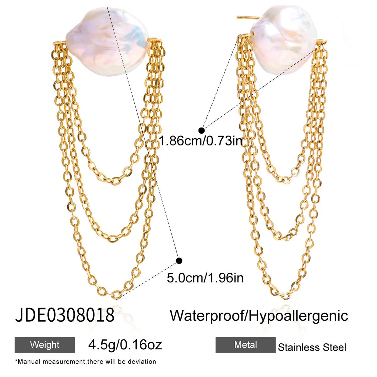 Pearl Chain Ear Cuff Earrings — Stainless Steel · PS084